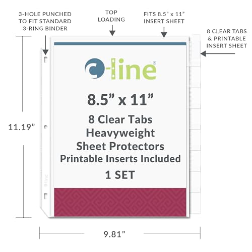 C-Line Sheet Protectors with Index Tabs, Clear Tabs, 2", 11 x 8.5, 8/Set