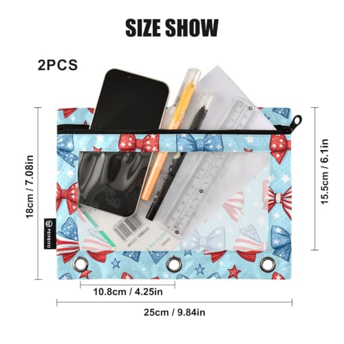 Gredecor 3 Ring Binder Pencil Pouch, 4th of July Bows Star Zippered Pen Case Pouches with Clear Window, 2 Pack Stylish Office & School Supplie - color: 4th of July Bows Star
