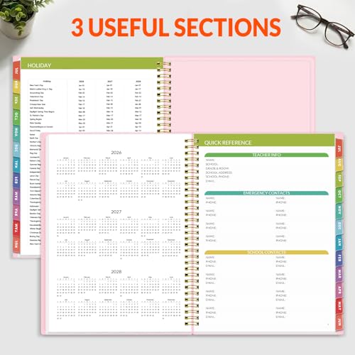 SUNEE Teacher Planner 2026-2027 Academic Year, Lite Lesson Planner Book with 7 Periods Jul 2026 - Jun 2027, 8.5"x11" Daily Weekly and Monthly Organizers, Plan Book with Pocket Folder, Color Tabs,Pink - color: Pink