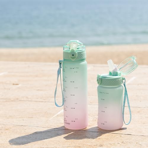 OLDLEY Kids Water Bottle for School, 17 oz (2 lids) BPA-Free Reusable Leak-proof Durable Tritan Plastic Water Bottles with Straw & Chug Lids, Anti-dust Spout Cover (Mintpink) - color: Mintpink, size: 17 Ounces