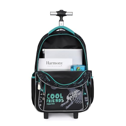 Kids Rolling Backpack for Boys, 5 PCS Cartoon Wheeled Backpack Set with Lunch Bag & Pencil Case, Durable Backpack with Wheels for School, Travel & Daily Use (Green) - color: Dinosaur Black