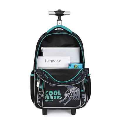 Kids Rolling Backpack for Boys, 5 PCS Cartoon Wheeled Backpack Set with Lunch Bag & Pencil Case, Durable Backpack with Wheels for School, Travel & Daily Use (Green) - color: Dinosaur Black