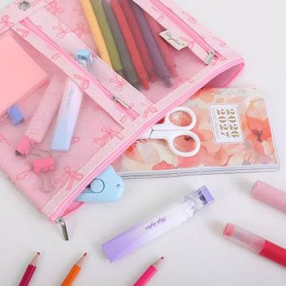 SKYDUE 3 Ring Pencil Pouch for Binder, Zipper Binder Pencil Pouch with 3 Pockets and Mesh Window, Durable Organizer for School Supplies, Cables, Earbuds, Makeup - color: Pinkbow