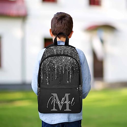 MyPupSocks Custom Name Backpack Bag for Boys Girls, Personalized Black Glitter Drip with Initial Schoolbag Casual Backpack Customized Bookbag or Lunch Bag for Kids Unisex Back School Camping Travel - color: Multi 01