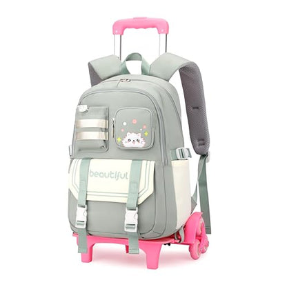 Cat Print Rolling Backpack for Girls Kids Backpack with Wheels Roller Bookbag Trolley School Bag Wheeled Bag Green - color: 6 Wheels Green A1, style: 6 Wheels