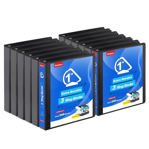 COMIX Heavy Duty Slant-D Ring View Binder, 1 inch 3 Ring Binders, Hold 225 Sheets of 8.5" x 11" Paper, 12 Pack (Black) - color: Black, size: 1 inch, style: 12 Pack