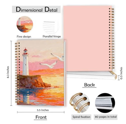 XUNLURY Coastal Beach Notebook, Pastel Pink Coastal Lighthouse Sunset Journal, Nautical Ocean Aesthetic Journal, Beach Lover Gifts Hardcover Spiral Notebooks, 5.5x8.3 Inch - color: Color_B