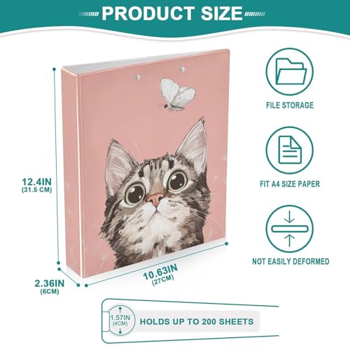 Fustylead Lovely Cat and Butterfly Light Pink 3 Ring Binder, D-Rings 1.5" Hardcover Folder, Fits 200 Sheets of A4 Paper, Durable Clipboard & Clean View with Inside Pockets for School Home Office - size: 12.4x10.63x2.36 Inch-1 Pack