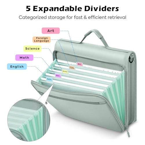 MoKo Zipper Binder, 2-Inch 3 Ring Binder with Multi-Pocket, 500 Sheet Capacity 5 Tab Expanding File Folder, Zipper Bag for School Office, Handle & Shoulder Strap - Green - color: Green