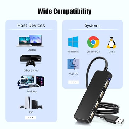 USB Adapter, 4-Port Extender for Laptop, PC, MacBook, Mac Pro, iMac, Surface Pro and More (Black - USB 2.0/1m) - color: Black-usb 2.0/1m