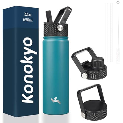Konokyo 22 oz Insulated Stainless Steel Water Bottle with Straw Lid - color: Light Blue, size: 22 Ounces