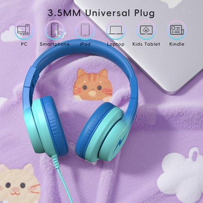 Candy Bila Kids Headphones, Wired Headphones for Kids with Microphone, 85/94dB Volume Limiter Headphone for Girls Boys, Foldable Headphone for Online Study, Gradient Blue - color: Gradient Blue