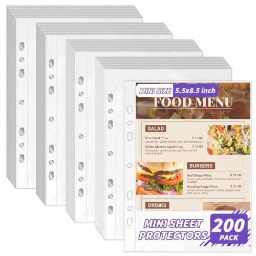 VOKOY 200 Pack 5.5x8.5 Inch Sheet Protectors for 3 or 6 Ring A5 Binder, Half Letter Size 7 Holes Mini Heavy-Duty Sheet Protector Sleeves Crystal Clear Playbill Binder Pockets - size: 5.5x8.5 Inch-1 Pocket, style: 200 Pack