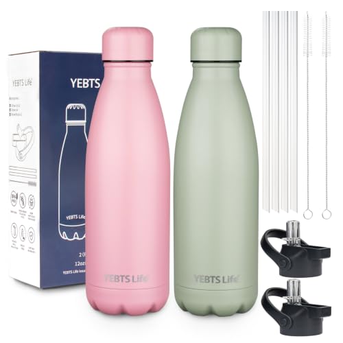 Insulated Water Bottle,12oz Stainless Steel Water Bottles with straw lid,Metal Sports Water Bottles for Boys,Girls,Double Wall Vacuum BPA-Free Flask for School, Sports & Travel (Matcha & Light Pink) - color: Matcha & Light Pink, size: 12 Ounces