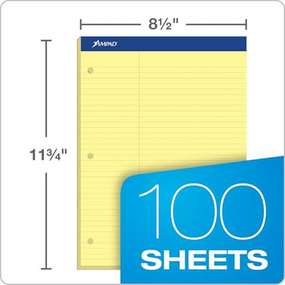 Ampad Double-Sheet Writing Pad, 8-1/2" x 11-3/4", Law Rule, Canary Paper, 3-Hole Punched, 100 Sheets (20-245) - size: 1 Count (Pack of 1)