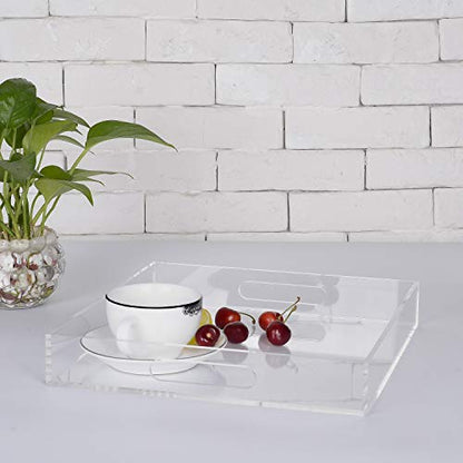 KEVLANG Clear Sturdy Acrylic Serving Tray with Handles - 10x10Inch - Coffee, Appetizer, Breakfast, Butler Tray - Kitchen Countertop & Vanity Table Organizer - color: Clear, size: 10" x 10" x 2"