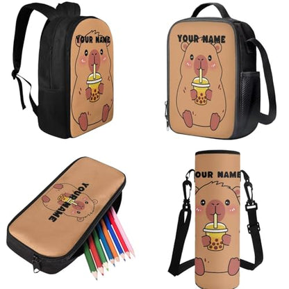 Cute Capybara Backpack Set with Lunch Box, Personalized Backpack for 2nd Grade Boys Kids Back to School Custom Name Back Pack Pencil Case and Water Bottle Holder 4 Piece Set for Kids Study - color: Cute Capybara--custom