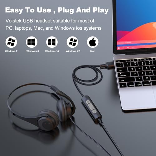 Voistek USB Stereo Headset with Noise Cancelling Microphone for PC & Laptop, Wired Office Headphones with USB-A/C, in-Line Mute & Volume Control for Teams, Zoom, Remote Work, Online Class,VoIP - style: Dual Ear