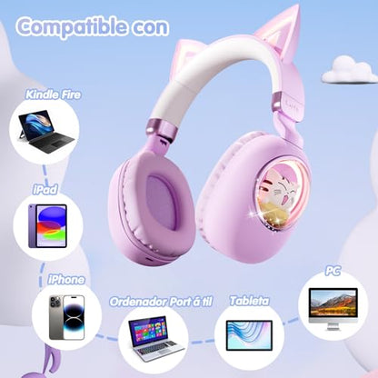 Kids Headphones Bluetooth 5.4 - Cat Ear LED Light Up Noise Cancelling Wireless Headphones with Mic, 85dB Volume Limited, Wired & Wireless Mode for Travel/School/iPad - color: Purple