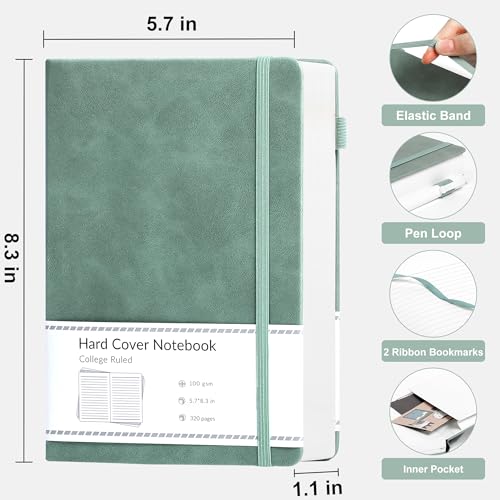 CAGIE Lined Journal Notebook, 320 Pages College Ruled Notebook, 100 Gsm Paper Thick Journal, B5 Hardcover Leather Journals for Writing Women Men, 7.6x10In, Green - color: Green, style: Lined B5