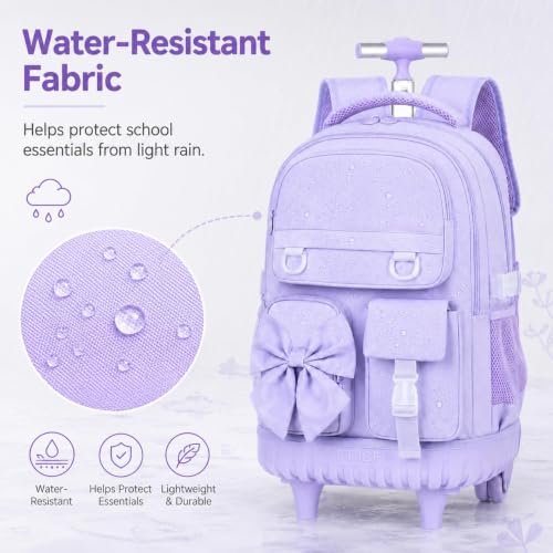 3Pcs Rolling Backpack for Girls Women, School Kids Roller Bookbag with Wheels, Wheeled Backpacks Set for Elementary (Purple) - color: Bow Purple