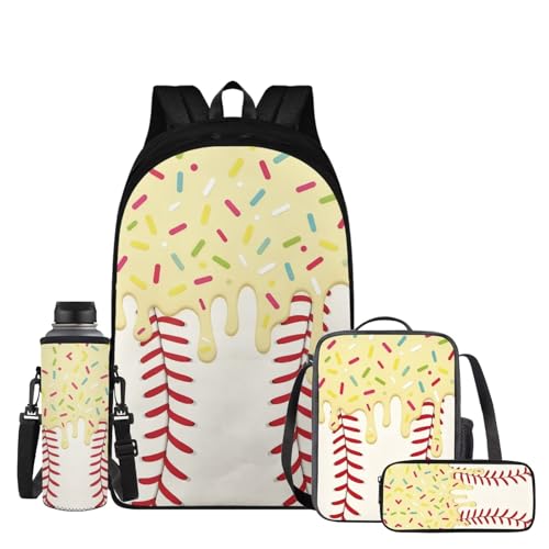 Yellow Baseball Drip School Backpack for Boys Ice Cream 17in Backpack 4 Piece Soft Lunch Bag Decorative Pencil Sleeve with Mesh Water Bottle Pocket Back to School Gifts - color: Yellow