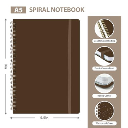 A5 Lined Spiral Journal Notebook, 146 Pages Hardcover Notebook with 100 GSM Thick Paper, Inner Pocket & Elastic Closure, 5.7" x 7.9", Notebooks for Work, School, College, Office, Journaling & Note Taking - color: Brown