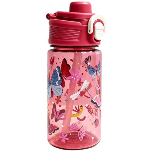 Flip, Bite and Sip 3-in-1 Straw Kids Water Bottle, Leak-proof, 13oz | Sturdy and Drop-resistant, with Handle, BPA Free, Dishwasher Safe, Perfect for School, Travel, and Home - color: Butterfly