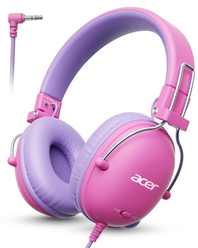 Acer Kids Headphones for School, 74/85dB Safe Volume,Kids Headphones with Cord, 3.5mm Jack, Stereo Sound Wired On-Ear Headphones for Airplane Travel, Boys Girls, Chromebook,Kids Tablet, Pink Purple - color: Pink Purple