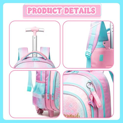 Meetbelify Girls Rolling Backpack Wheels Backpacks Kids Luggage for Elementary Preschool Students Cute Pink Mermaid Suitcase Trolley Trip Carry On Bag for Girls Ages 6-8 - color: 01 Pink Mermaid