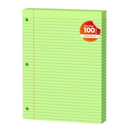 Green Loose Leaf Paper 100 Sheets Colored Filler Paper 8 * 10.5 College Ruled 3-Hole Punched for 3-Ring Binders Notebook Lined 8" x 10.5" - color: Green 1 Pack