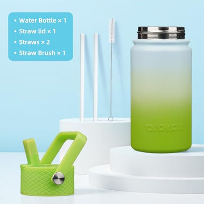 BJPKPK Insulated Water Bottle, 15oz Stainless Steel with Straw Lid | Leak Proof, BPA-Free, Vacuum Insulated, Keep Drink Cold & Hot, Metal Water Bottle for Travel, Gym, Office, Cupholder Friendly - color: Lime, style: N-15oz-Color Lid