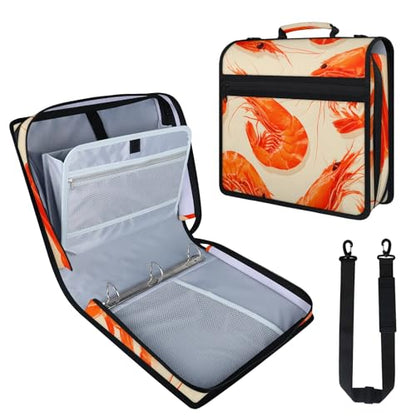 Shrimp Ocean Food Zipper Binder, 3 D-Ring Expanding File Folder with Handle & Adjustable Shoulder Strap, 400 Sheets Capacity Multi-Pocket Organizer for 13 Inch Laptop - color: Shrimp Ocean Food
