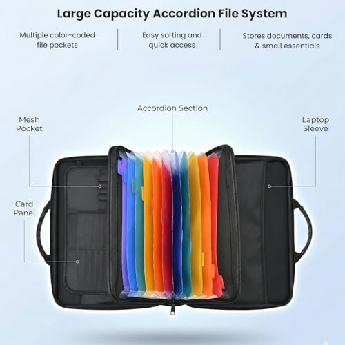 Fireproof Document Box with Lock, Hard Case File Organizer | Portable Document Briefcase with Accordion File Folder for Important Documents Passport Laptop Home Office & Travel Black