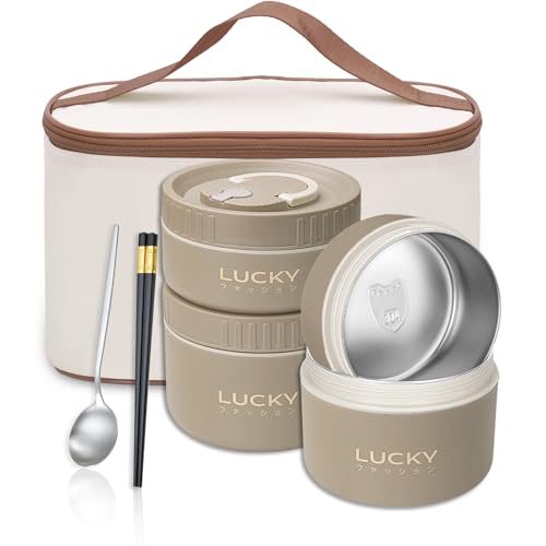 Portable Insulated Lunch Container set, Bento Box Adult Lunch Box Set with Insulated Lunch Bag, 4 Separate Stackable Thermal Food Lunch Container for Adult, Brown - color: 4 Tier-Brown