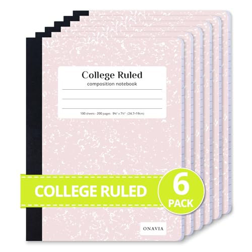 ONAVIA Composition Notebook College Ruled 6 Pack, 200 Pages (100 Sheets), 9-3/4 x 7-1/2, Marble Composition Books Bulk, Notebooks for School, Work, Office, Durable Comp Book, School Supplies, Pink | 100 ct, 9.75 x 7.5 in, Durable Comp Book, School Noteboo