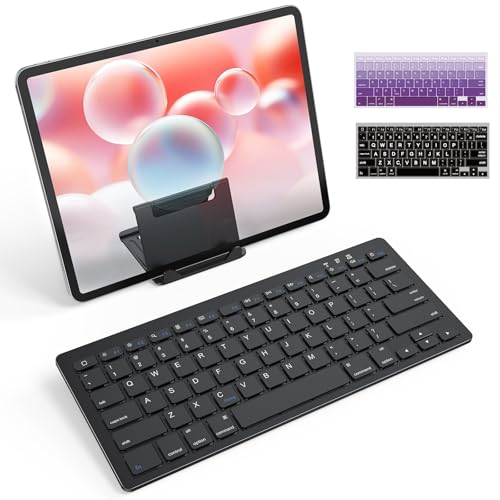OMOTON Rechargeable Compact Bluetooth Keyboard for iPad, Adjustable Stand, Key Stickers, Slim Portable Wireless Keyboard for iPhone and iPad Pro/Air/Mini, Ideal for Study, Travel and Office, Black
