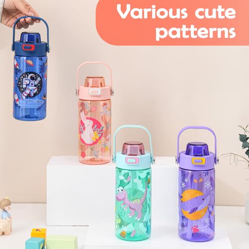 20oz Kids Water Bottle For School or Travel, Leak-Proof & Dishwasher, Durable Plastic Sport Water Bottle With Straw and Handle, Rabbit - color: Pink rabbit