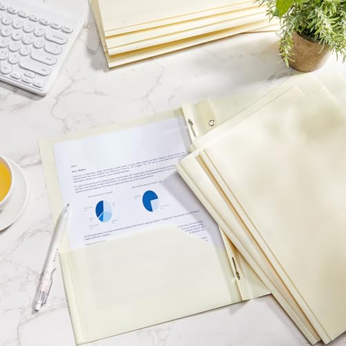 Cholemy 72 Packs Pocket Folders with Prongs Heavy Duty Plastic Folder with Business Card Slot 3 Prong Fasteners for School Office (Beige) - color: Beige