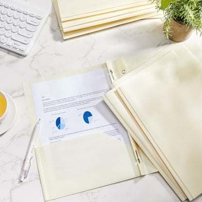 Cholemy 72 Packs Pocket Folders with Prongs Heavy Duty Plastic Folder with Business Card Slot 3 Prong Fasteners for School Office (Beige) - color: Beige