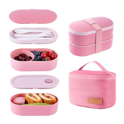 Bento Lunch Box Set -2 Stackable Adult And Women's Lunch Boxes - Including Lunch Bag, Leak Proof And Bisphenol Free A - Built-In Cutlery Set - Dishwasher Safe (Pink) - color: red