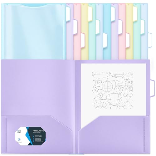 Fuutreo 12 Pcs Plastic Folders with 2 Pockets & Clear Front Pockets, Pastels Colors, Business Card, 1/3 Cut Colorful Tabs, Heavy Duty File Folders for Letter Size Paper, Office, Back to School - style: Plain Folder with Clear View Pocket