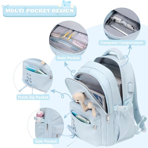ACESAK Backpack for Girls with Bento Box - 4 PCS Cute Girls Backpack with Lunch Box, Pencil Case & Bento Box Set - 43oz Leakproof Lunch Box Kids Snack Containers Set Back to School Supplies (Blue) - color: Blue