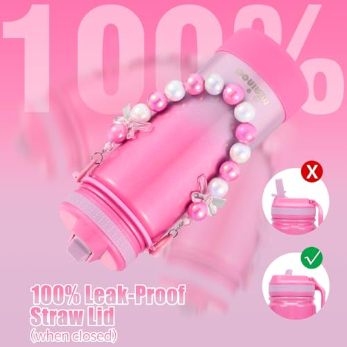 Mininoo Kids Water Bottle for School - 16 oz Stainless Steel Insulated Water Bottle with Ceramic-Lined, Leakproof Straw Lid & Beaded Handle for Girls & Boys - color: Sparkle Peach