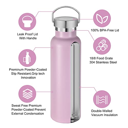 Neihepal Pink Stainless Steel Water Bottles,20 Ounce Vacuum Insulated Double Wall Travel Bottle with Leak Proof Lid of Handle,Metal Reusable Standard Mouth Flask Thermoses for School,Hikers,Gift - color: Pink