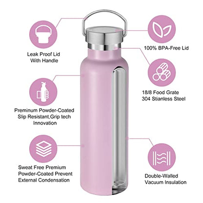 Neihepal Pink Stainless Steel Water Bottles,20 Ounce Vacuum Insulated Double Wall Travel Bottle with Leak Proof Lid of Handle,Metal Reusable Standard Mouth Flask Thermoses for School,Hikers,Gift - color: Pink