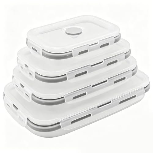 4 Pcs Silicone Collapsible Food Storage Containers with Lids, Silicone Rectangle Collapsible Bowls for Camping, RV Accessories, Travel Trailer Must, Rectangle