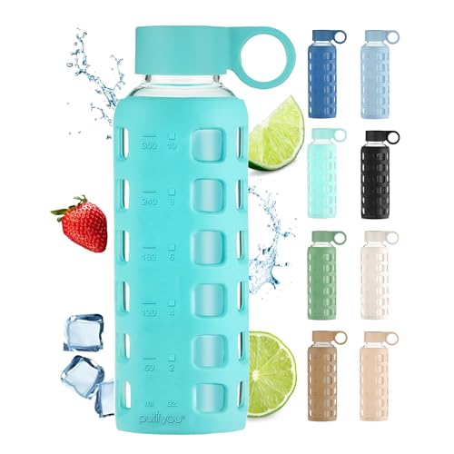 purifyou 40oz / 32oz / 22oz / 12oz Borosilicate Glass Water Bottle with Time & Volume Markers, Silicone Sleeve, Stainless Steel Lid | Reusable Glass Bottle for Water & Juice (12oz Aqua Blue) - color: Aqua Blue (1 Count), size: 12 Ounces