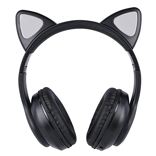 Cat Ear Kids Headphones Bluetooth, LED Light up Wireless/Wired Mode Over Ear Headphones with Build in Microphone for School/Travel (Black) - color: Black