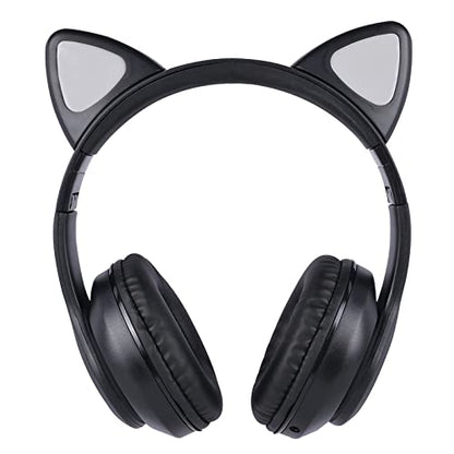 Cat Ear Kids Headphones Bluetooth, LED Light up Wireless/Wired Mode Over Ear Headphones with Build in Microphone for School/Travel (Black) - color: Black